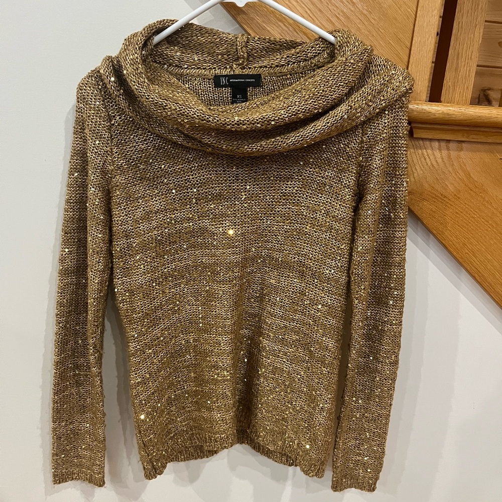 INC International Concepts Metallic Gold Cowl Neck Sweater
